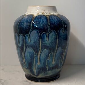 Hand-Glazed Blue Ceramic Vase with Cream Accents